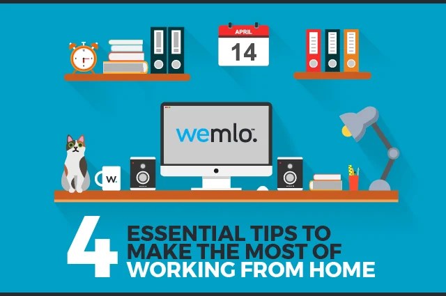 Illustration of a home office desk with a computer, lamp, cat, books, and calendar. Text reads: 4 Essential Tips to Make the Most of Working from Home.