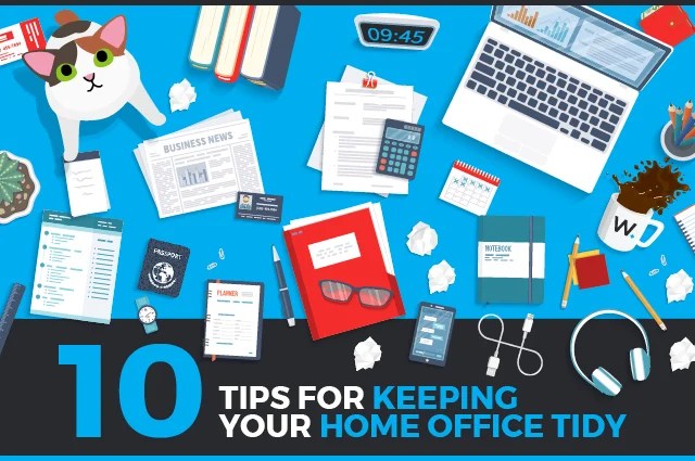 An overhead view of a cluttered desk with a cat, laptop, books, coffee, papers, and office supplies. Text at the bottom reads, “10 Tips for Keeping Your Home Office Tidy.”. An overhead view of a cluttered desk with a cat, laptop, books, coffee, papers, and office supplies. Text at the bottom reads, “10 Tips for Keeping Your Home Office Tidy.”.