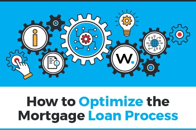 Illustration of gears, icons, and a light bulb above the text How to Optimize the Mortgage Loan Process on a blue and white background. Illustration of gears, icons, and a light bulb above the text How to Optimize the Mortgage Loan Process on a blue and white background.