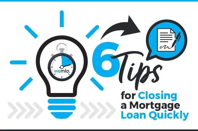 Illustration with a light bulb containing a stopwatch, a document icon, and text reading 6 Tips for Closing a Mortgage Loan Quickly.