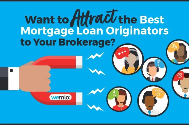 Illustration of a hand holding a red magnet labeled wemlo, attracting six diverse cartoon businesspeople, with the text “Want to attract the best mortgage loan originators to your brokerage?” in bold blue and white letters.