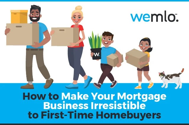Illustration of a smiling family carrying moving boxes and a plant, followed by a cat. Text reads, “How to Make Your Mortgage Business Irresistible to First-Time Homebuyers.” The wemlo logo appears in the top right corner. Illustration of a smiling family carrying moving boxes and a plant, followed by a cat. Text reads, “How to Make Your Mortgage Business Irresistible to First-Time Homebuyers.” The wemlo logo appears in the top right corner.