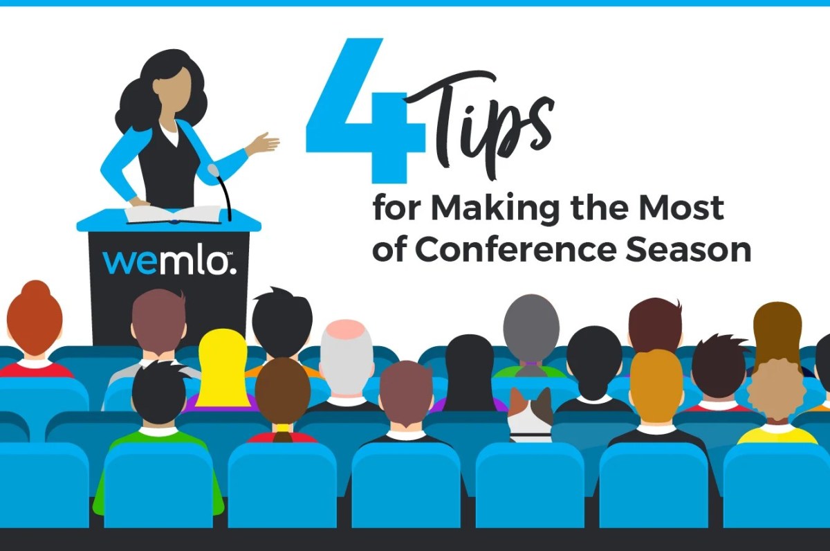 A woman speaks at a podium labeled wemlo to an audience. Text reads: 4 Tips for Making the Most of Conference Season. Blue chairs and diverse attendees are shown from behind. A woman speaks at a podium labeled wemlo to an audience. Text reads: 4 Tips for Making the Most of Conference Season. Blue chairs and diverse attendees are shown from behind.