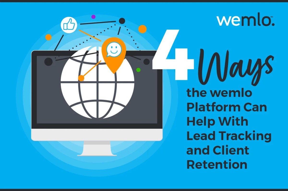 Graphic showing a computer monitor with a globe, connected icons, and a smiley face pointer. Text reads: 4 Ways the wemlo Platform Can Help With Lead Tracking and Client Retention.