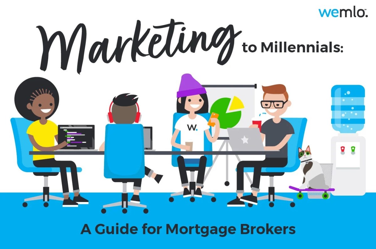 Illustration of four diverse millennials working at desks with laptops, headphones, and coffee. Title reads, Marketing to Millennials: A Guide for Mortgage Brokers. A cat on a skateboard is by a water cooler. Illustration of four diverse millennials working at desks with laptops, headphones, and coffee. Title reads, Marketing to Millennials: A Guide for Mortgage Brokers. A cat on a skateboard is by a water cooler.