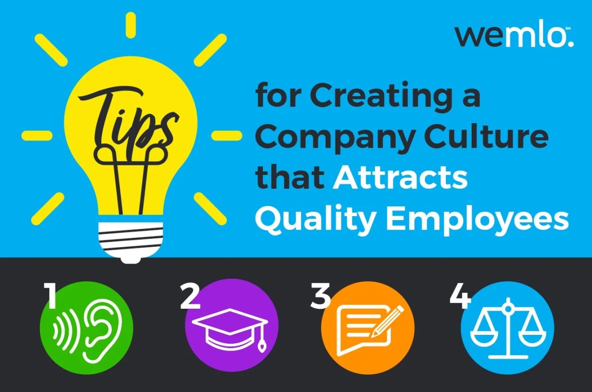 Infographic titled Tips for Creating a Company Culture that Attracts Quality Employees with icons of an ear, graduation cap, clipboard, and scales numbered 1 to 4, on a blue and black background.