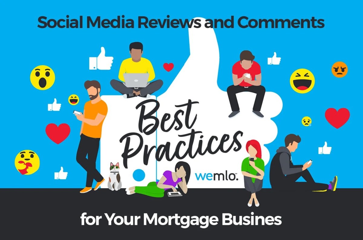 Illustration of diverse people with phones and laptops, emojis, and hearts around a large thumbs-up icon. Text reads: Social Media Reviews and Comments Best Practices for Your Mortgage Business. Illustration of diverse people with phones and laptops, emojis, and hearts around a large thumbs-up icon. Text reads: Social Media Reviews and Comments Best Practices for Your Mortgage Business.
