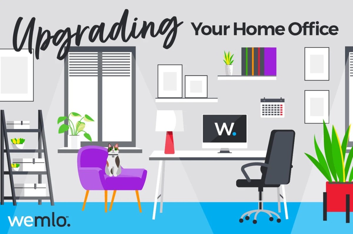 Illustration of a modern home office with a desk, computer, chair, lamp, shelves, plants, and wall art. A cat sits on a purple chair. Text reads Upgrading Your Home Office and wemlo.