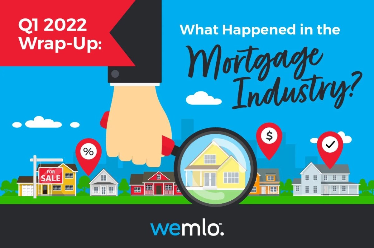Illustration shows a hand holding a magnifying glass over houses, with icons for interest rates, prices, and a For Sale sign. Text reads: “Q1 2022 Wrap-Up: What Happened in the Mortgage Industry?” and wemlo logo. Illustration shows a hand holding a magnifying glass over houses, with icons for interest rates, prices, and a For Sale sign. Text reads: “Q1 2022 Wrap-Up: What Happened in the Mortgage Industry?” and wemlo logo.
