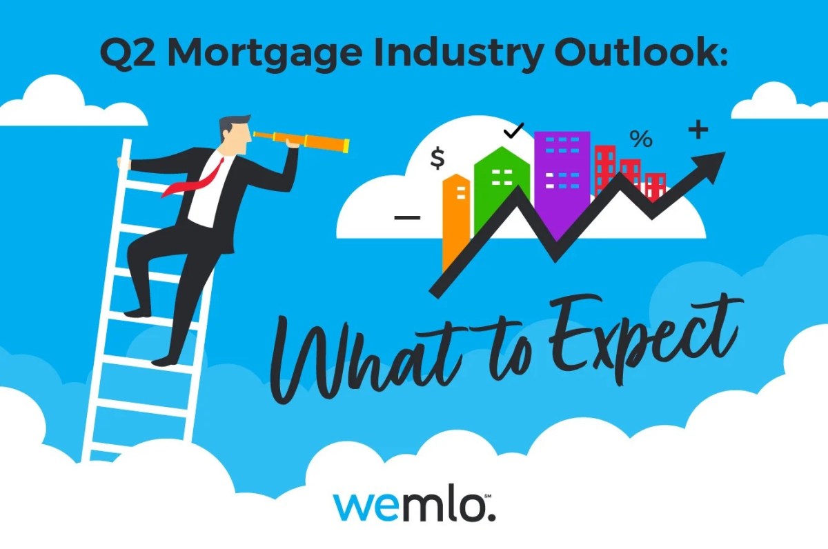 A man in a suit on a ladder looks through a telescope at colorful buildings and a rising chart. Text reads Q2 Mortgage Industry Outlook: What to Expect. The wemlo logo appears at the bottom. Sky and clouds in the background. A man in a suit on a ladder looks through a telescope at colorful buildings and a rising chart. Text reads Q2 Mortgage Industry Outlook: What to Expect. The wemlo logo appears at the bottom. Sky and clouds in the background.