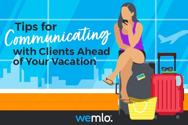 A woman sits on a suitcase while using her phone, with travel bags and sunglasses nearby. Text reads: Tips for Communicating with Clients Ahead of Your Vacation. An airplane is visible through large windows. A woman sits on a suitcase while using her phone, with travel bags and sunglasses nearby. Text reads: Tips for Communicating with Clients Ahead of Your Vacation. An airplane is visible through large windows.