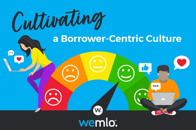 Illustration of a woman and man using laptops, with a colorful satisfaction meter showing sad to happy faces beneath them. Text reads: Cultivating a Borrower-Centric Culture. WEMLO logo at the bottom.