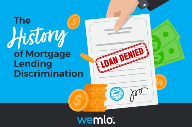 An illustrated hand holds a denied loan document surrounded by coins and cash. Text reads: The History of Mortgage Lending Discrimination. wemlo. appears at the bottom. An illustrated hand holds a denied loan document surrounded by coins and cash. Text reads: The History of Mortgage Lending Discrimination. wemlo. appears at the bottom.
