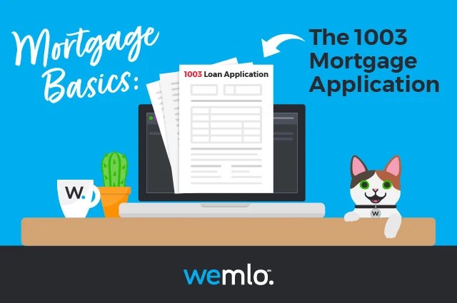 Illustration of a laptop on a desk with papers labeled 1003 Loan Application, a coffee mug, a cactus, and a cat. Text reads: Mortgage Basics: The 1003 Mortgage Application. The wemlo logo is at the bottom.