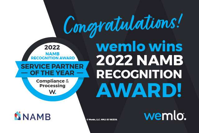 Graphic with text: “Congratulations wemlo wins 2022 NAMB Recognition Award. 2022 NAMB Recognition Award – Service Partner of the Year — Compliance & Processing.” NAMB and wemlo logos are also visible.