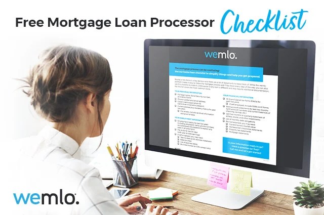 A woman sits at a desk, working on a computer displaying a mortgage loan processor checklist. The text above reads Free Mortgage Loan Processor Checklist. The wemlo logo appears at the bottom left. A woman sits at a desk, working on a computer displaying a mortgage loan processor checklist. The text above reads Free Mortgage Loan Processor Checklist. The wemlo logo appears at the bottom left.