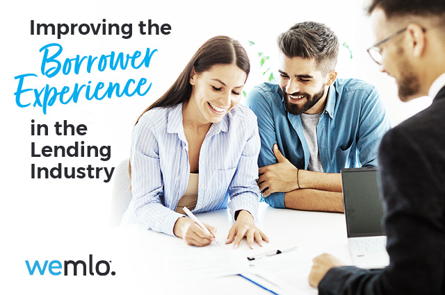 A smiling couple sits at a desk with a professional, signing documents. Text reads, Improving the Borrower Experience in the Lending Industry. Wemlo logo is at the bottom left.