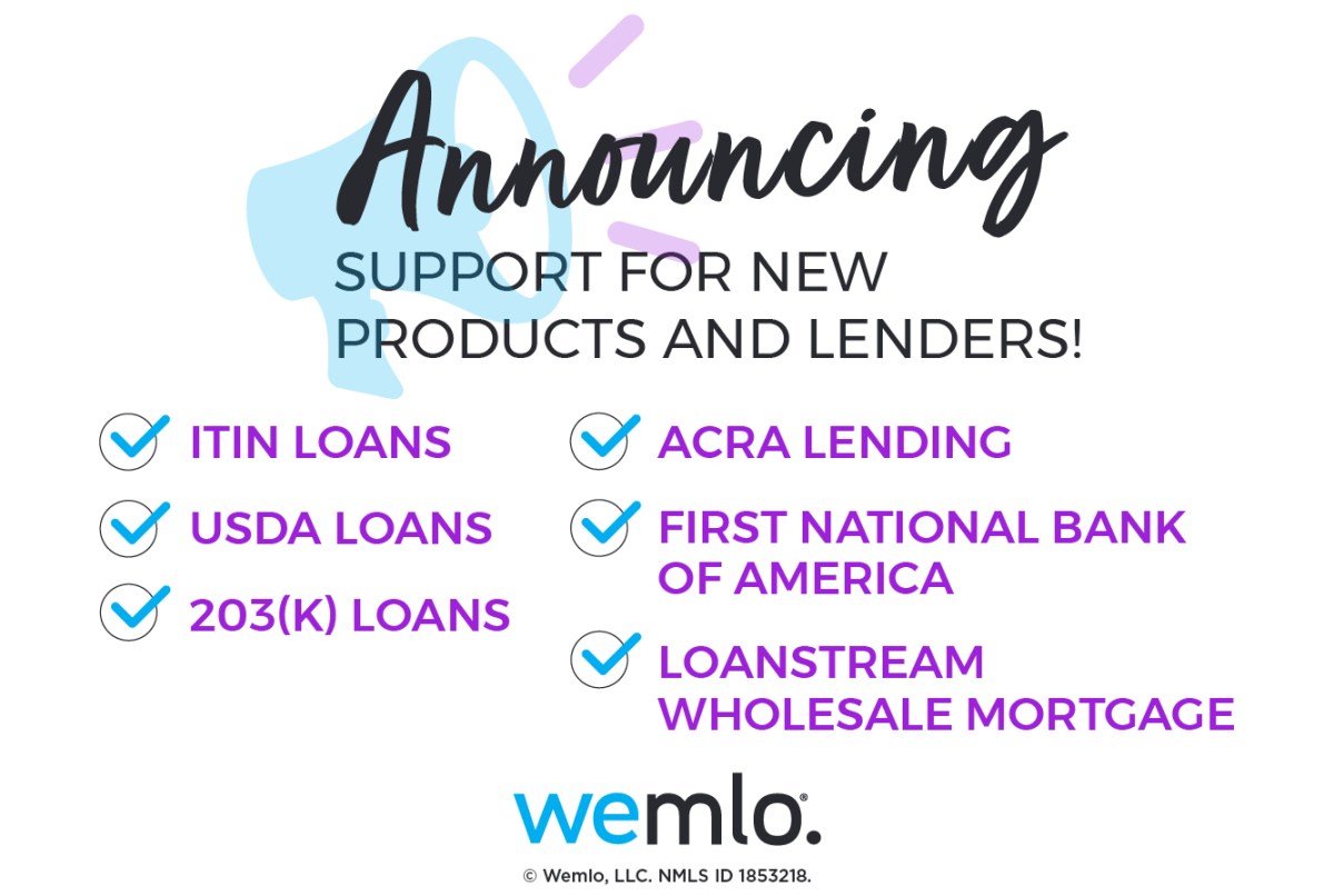 Announcement graphic stating “Announcing support for new products and lenders!” Lists ITIN loans, USDA loans, 203(k) loans, ACRA Lending, First National Bank of America, and LoanStream Wholesale Mortgage. Wemlo logo at bottom. Announcement graphic stating “Announcing support for new products and lenders!” Lists ITIN loans, USDA loans, 203(k) loans, ACRA Lending, First National Bank of America, and LoanStream Wholesale Mortgage. Wemlo logo at bottom.