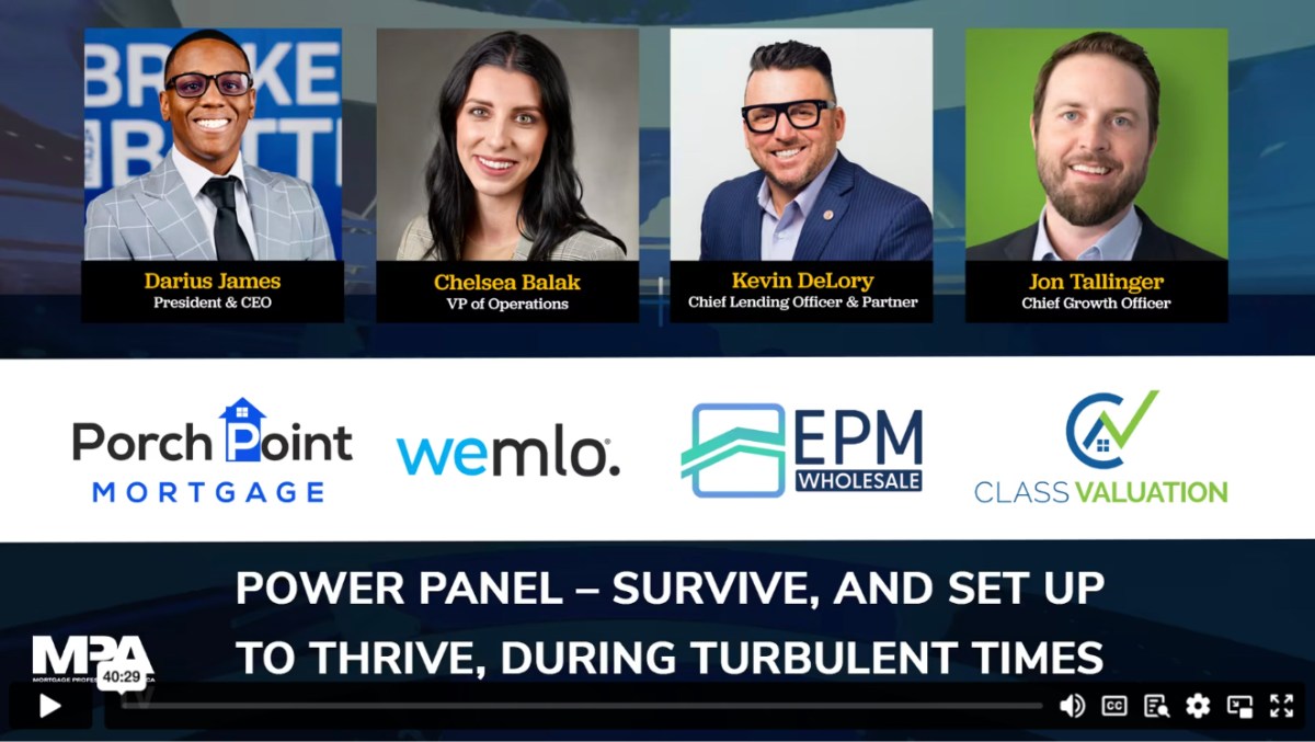 A webinar panel featuring four speakers with their names and titles: Darius James, Chelsea Balak, Kevin DeLory, and Jon Tallinger. Company logos and the event title, Power Panel – Survive, and Set Up to Thrive, During Turbulent Times, are displayed.