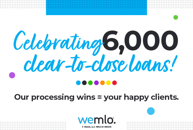 Graphic with colorful dots stating, “Celebrating 6,000 clear-to-close loans! Our processing wins = your happy clients.” Wemlo logo at the bottom.