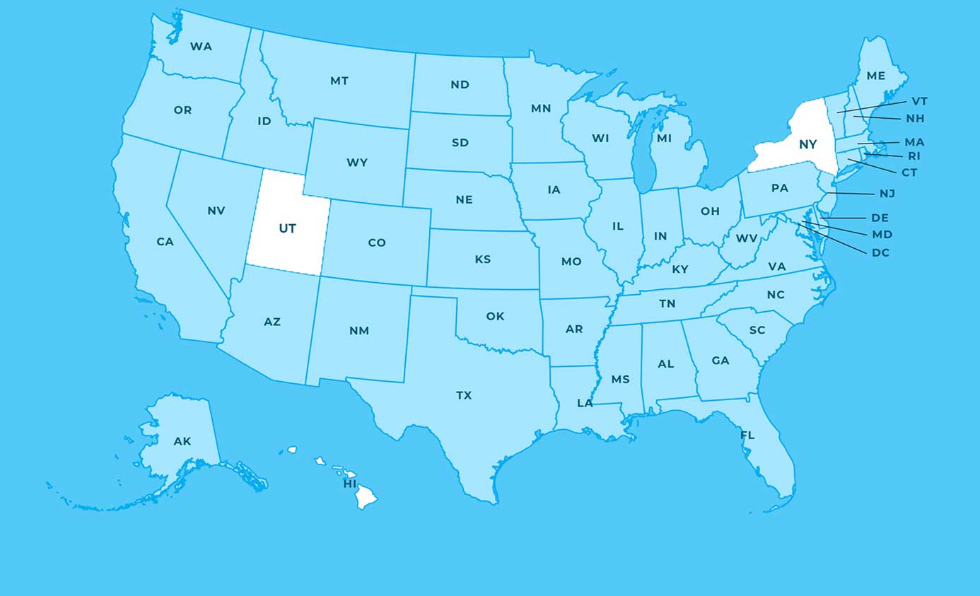 A map of the United States with Utah and New York highlighted in white, while all other states are shaded light blue. State abbreviations are labeled within each states borders. A map of the United States with Utah and New York highlighted in white, while all other states are shaded light blue. State abbreviations are labeled within each states borders.