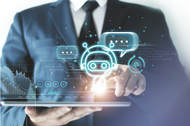 A man in a suit uses a tablet with a glowing chatbot icon and digital interface graphics, symbolizing artificial intelligence and technology integration. A man in a suit uses a tablet with a glowing chatbot icon and digital interface graphics, symbolizing artificial intelligence and technology integration.