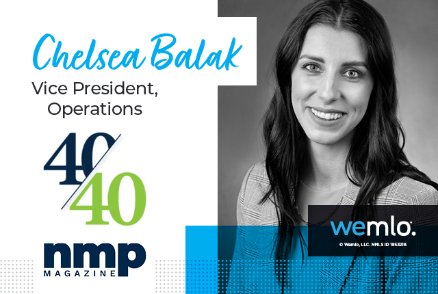 A professional headshot of a woman with long dark hair, smiling. Text reads Chelsea Balak, Vice President, Operations, 40/40, nmp magazine. The wemlo logo appears at the bottom. Black and white photo with blue accents. A professional headshot of a woman with long dark hair, smiling. Text reads Chelsea Balak, Vice President, Operations, 40/40, nmp magazine. The wemlo logo appears at the bottom. Black and white photo with blue accents.