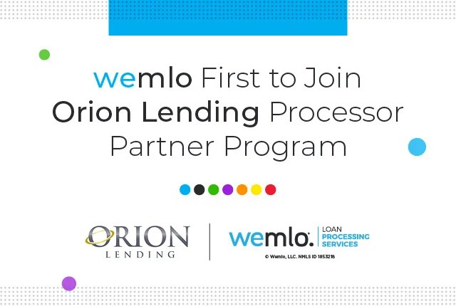 Graphic announcing wemlo First to Join Orion Lending Processor Partner Program, featuring Orion Lending and wemlo logos with colorful dots and geometric accents. Graphic announcing wemlo First to Join Orion Lending Processor Partner Program, featuring Orion Lending and wemlo logos with colorful dots and geometric accents.