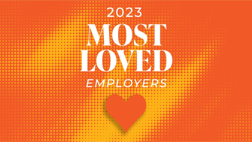 Orange and yellow graphic with the text “2023 Most Loved Employers” above a heart shape in the center.