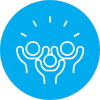 White outline of three people with raised arms surrounded by lines symbolizing joy or celebration, set against a bright blue circular background.