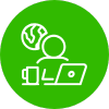 White line art of a person working on a laptop with a coffee mug, and a globe behind them, on a bright green circular background.