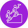 White outline of two people climbing a hill on a purple circle background; the person in front holds a small flag, symbolizing leadership or guidance.
