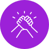 Two hands clasped together in a handshake, symbolizing teamwork or partnership, depicted in white on a solid purple circular background. Lines above the hands indicate energy or emphasis.