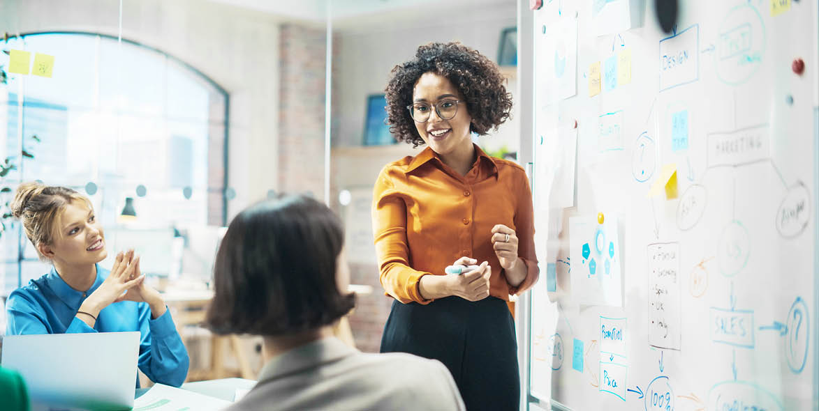 A woman at a. white board explaining the mortgage process workflow