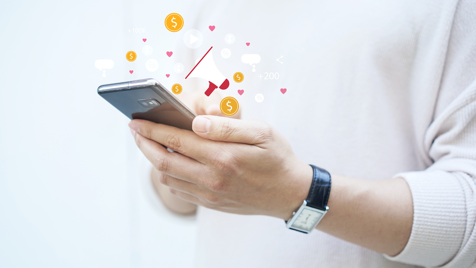 Person using a smartphone with digital icons representing referrals, trust, and monetary value