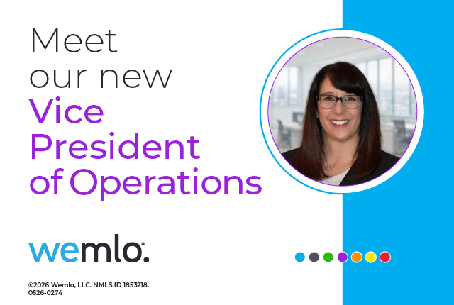 Promotional graphic announcing a new Vice President of Operations, featuring a professional headshot of a person wearing glasses against a blurred office background, with text reading “Meet our new Vice President of Operations” and the Wemlo logo.