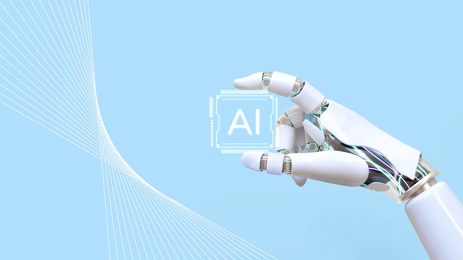 Robotic hand holding a glowing AI microchip against a clean blue background, symbolizing artificial intelligence technology in modern industries.
